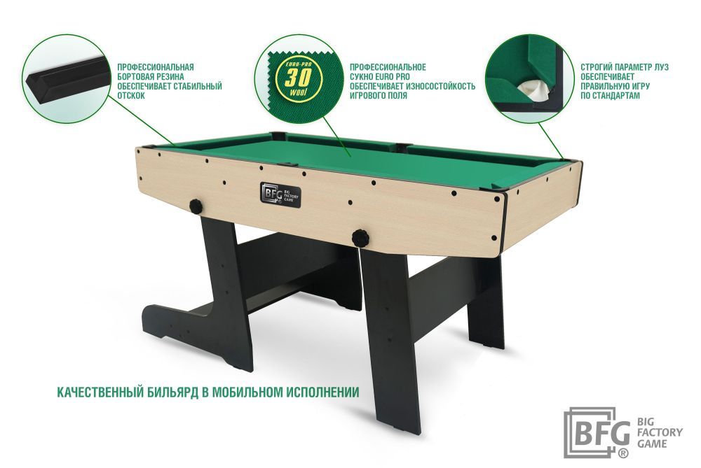 Бильярд BFG Compact Moby 4 (Йоркшир) (Пул, йоркшир/черный (ЛДСП), ЛДСП_16, Сукно Euro Pro 30 ш1.98м, Х/б сетка)